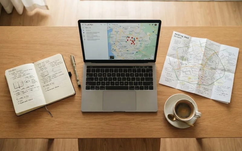 A tidy overhead shot of a laptop, notebook, and flat white on a wooden cafe table representing independent local review research