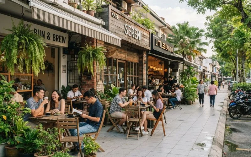 A row of small independent cafe storefronts along a Petaling Jaya street with signage and outdoor seating