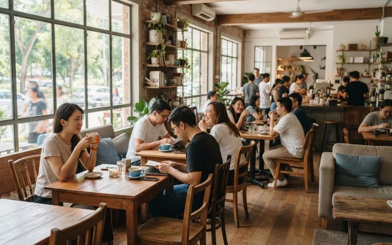 A busy Petaling Jaya cafe interior with exposed concrete, hanging plants, laptop users at communal tables and a barista pulling espresso shots