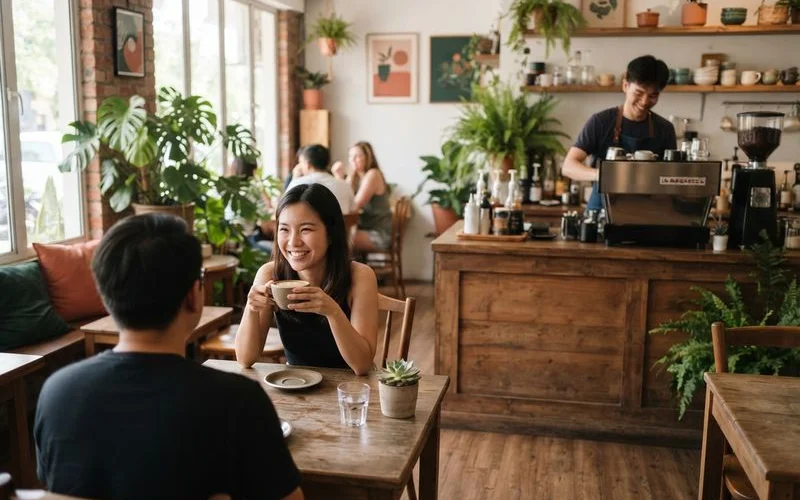 A busy Petaling Jaya cafe interior with a barista preparing pour-over coffee while patrons work on laptops and a dog rests by a table