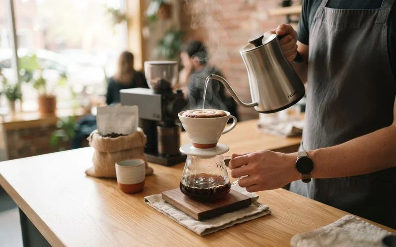 Close-up of a specialty pour-over coffee setup on a wooden counter with beans, a scale and a ceramic cup in a bright cafe